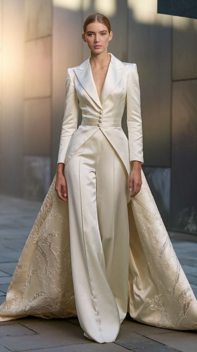 a woman is modeling a white, elegant jumpsuit with an attached cape. the jumpsuit features a tailored blazerstyle top with a lowcut vneck and long sleeves, buttoned at the waist. the pants are widelegged. attached to the back of the waist is a flowing cape with a patterned design. the overall look is very high fashion and bridal. the background appears to be an urban setting.