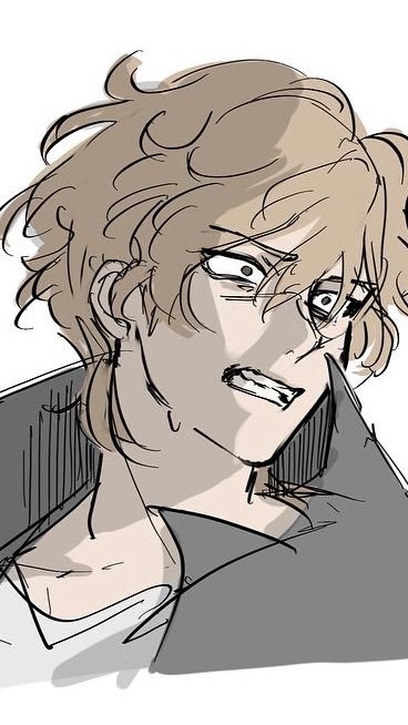 the image is a closeup, stylized drawing of a young man's face and upper body. his expression is one of intense anger or frustration, with gritted teeth and narrowed eyes. he has messy, lightbrown or blonde hair and is wearing a darkcolored jacket. the art style is reminiscent of manga or anime, with bold lines and shading used to convey emotion and texture. the overall feel is dramatic and intense.  the drawing is in grayscale, and it shows significant detail in the character's hair and facial features.