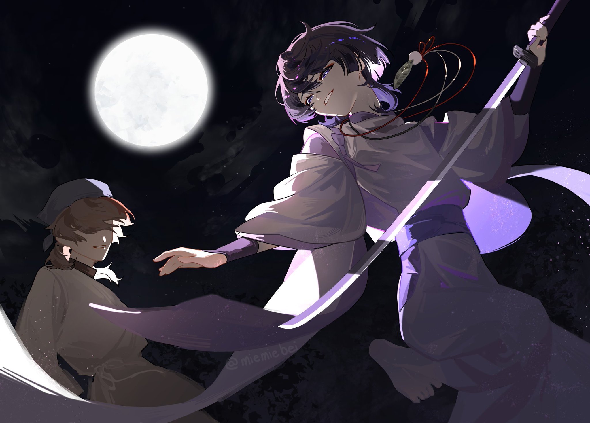 this is a digital illustration of two anime characters. the characters are positioned against a dark sky with a full moon in the background. one character has long purple hair, is wearing a white and purple kimono and a sword.  the other character has short brown hair and is wearing a white and brown kimono. the character with the sword appears to be attacking the other character. the illustration has a dramatic and dynamic feel.