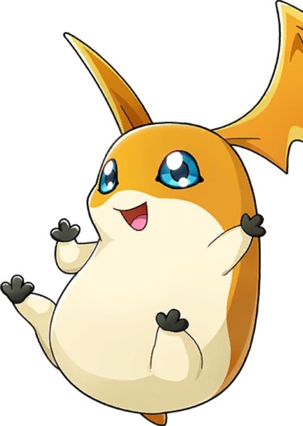 a happy, jumping cartoon character with large, blue eyes, small black hands and feet, a large orange head, and large, orange, batlike wings.