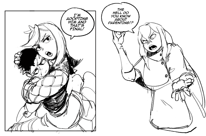 two panels from a comic. the left panel shows a woman holding a man in a hug. the woman is saying, "i'm adopting him and that's final!" in a speech bubble. the right panel shows a woman who is saying, "the hell do you know about parenting!?" in a speech bubble. the woman in the right panel is gesturing with her hand, her face is very serious. the left panel is much more playful and lighthearted.
