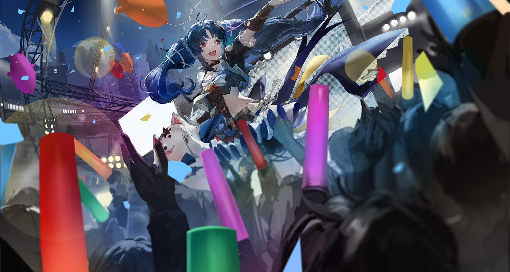 the image is a digital painting of an animestyle girl with long blue hair performing on a stage in front of a cheering crowd. she is wearing a blue and white outfit and has a happy expression on her face. the crowd is holding up glowsticks, and confetti is falling from the ceiling. the overall style is bright, colorful, and energetic.