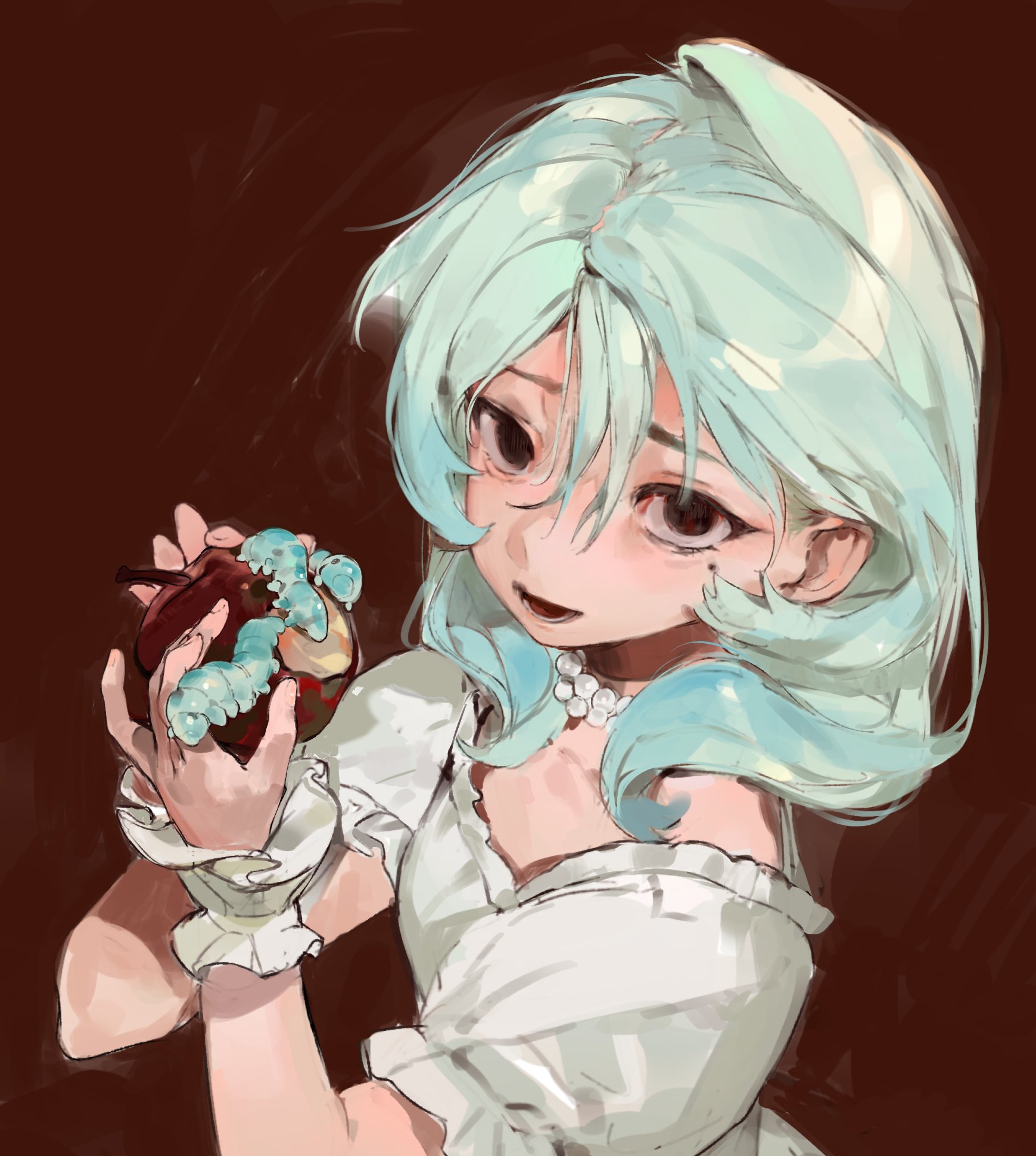 he image is a digital painting of an animestyle girl with light blue hair. she is wearing a white dress and is holding a red apple with several light green worms crawling on it. the background is a dark reddishbrown. the girl's expression is soft and slightly melancholic. the overall style is whimsical and slightly dark. the artwork is highly detailed and shows a high level of artistic skill.