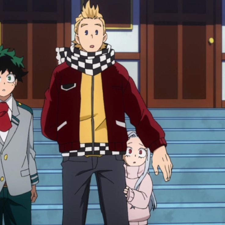 the image is of a scene from the anime my hero academia. it features three characters: a young man in a red jacket with a checkered scarf, a young girl with white hair and a pink coat, and a young man in a green and white uniform. they are standing on a set of stairs, and the man in the red jacket is looking at the girl. the scene is set in a school building, with a doorway in the background. the three characters are all students at u.a. high school, and they are on their way to class.