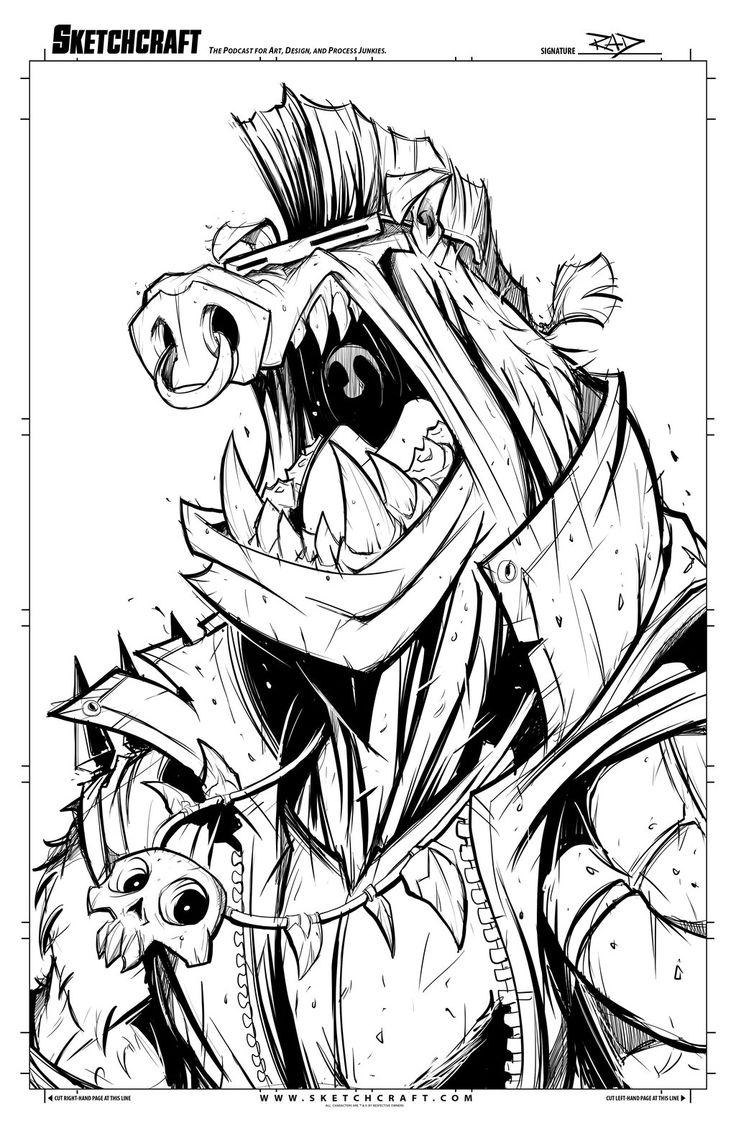 a black and white line drawing of a large, punkstyle monster with a piglike snout, a mohawk, and a necklace with a skull. the monster is wearing a leather jacket and appears to be shouting or roaring. the image is in a comic book style.
