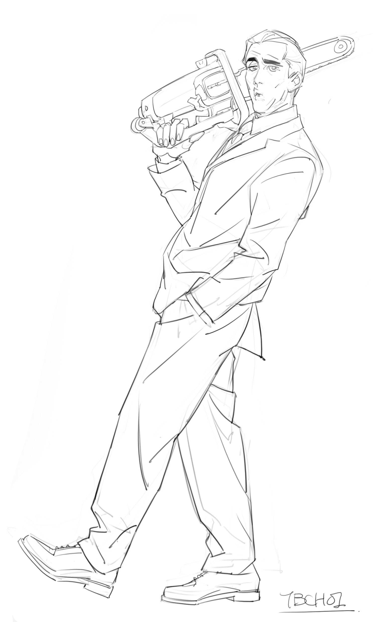 a pencil sketch of a man in a suit casually carrying a chainsaw over his shoulder.  he's depicted walking, with a confident and slightly nonchalant posture. the style is loose and expressive, focusing on capturing the overall feeling and character rather than precise detail. the lines are fluid and dynamic, suggesting movement. the artist's signature is faintly visible in the lower right corner.