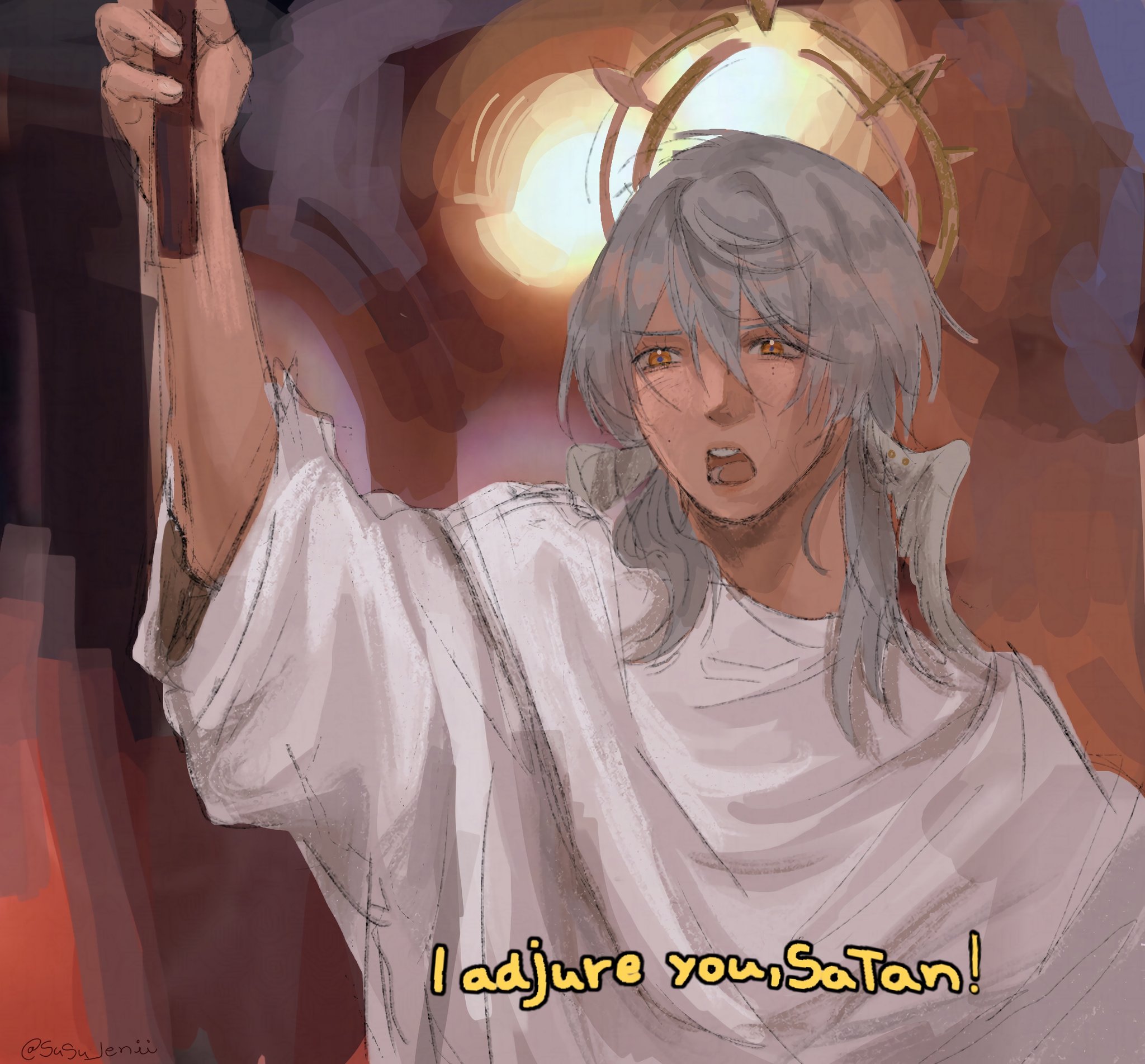 a digital painting of an angel with white hair and a halo, the angel is wearing a white shirt and has his arms outstretched in front of him as he looks intense and dramatic.  the background is blurred and dark with light coming from the angel's halo. the angel is saying "i adjure you, satan!" in the bottom right corner of the image.