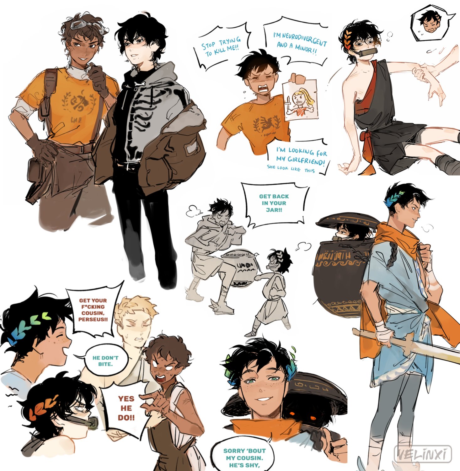 the image is a collection of sketches depicting various characters from the "percy jackson" series, specifically percy jackson, nico di angelo, and leo valdez. the art style is somewhat stylized and modern, with the characters dressed in a mix of contemporary and mythological attire. the tone of the sketches is humorous, with speech bubbles containing playful dialogue. there are multiple scenes and poses for each character, showing them in different situations, and expressing their personalities. nico is shown in a variety of poses, including being in a jar, and having a sign that says he is neurodivergent.