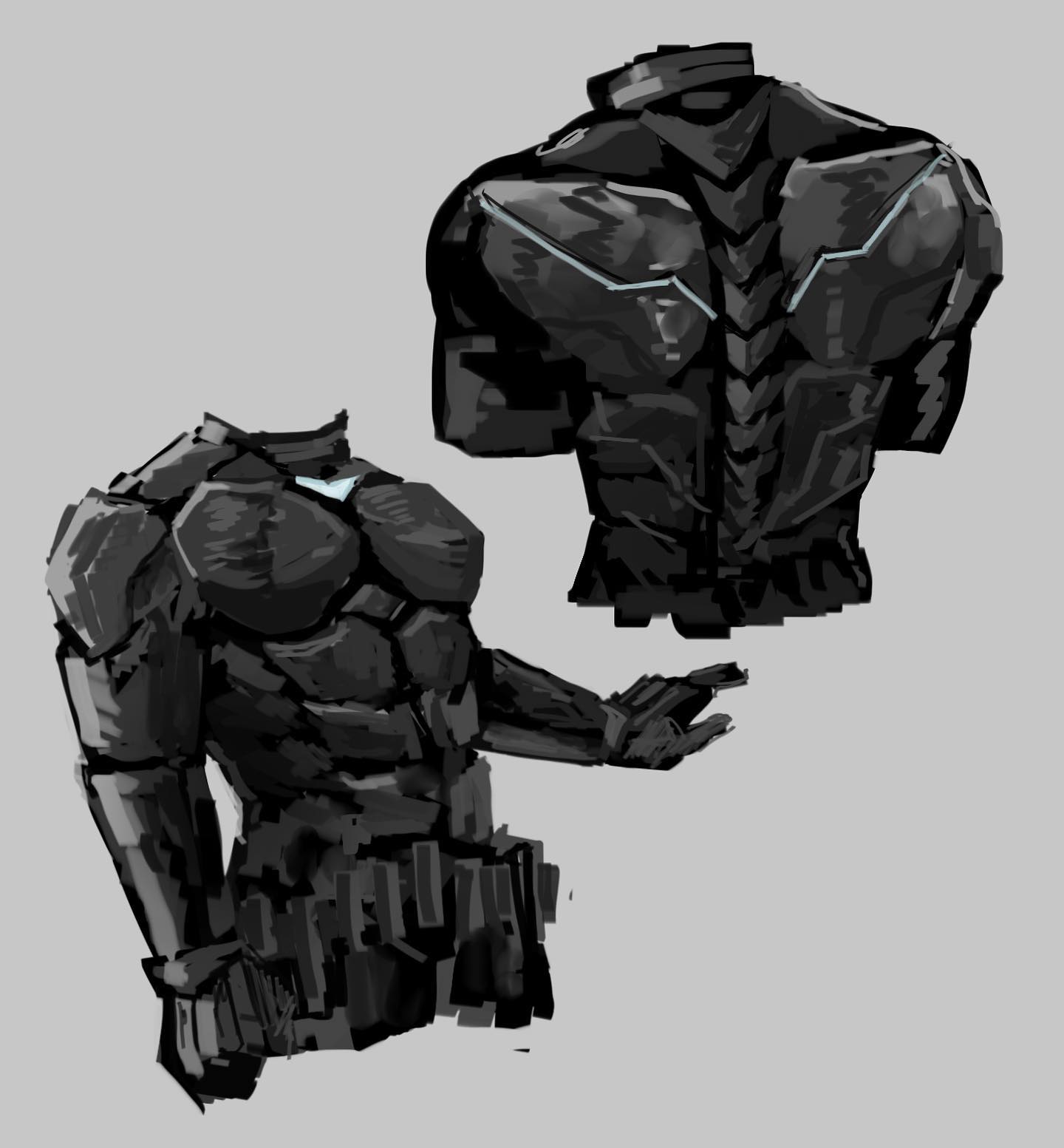 this image is a digital drawing of two armor designs for a futuristic soldier. the top design is a black torso piece with intricate designs and the lower design is a full body suit also in black with a detailed belt and weapon. both designs are made of metal and have a futuristic aesthetic. the background is a light gray.