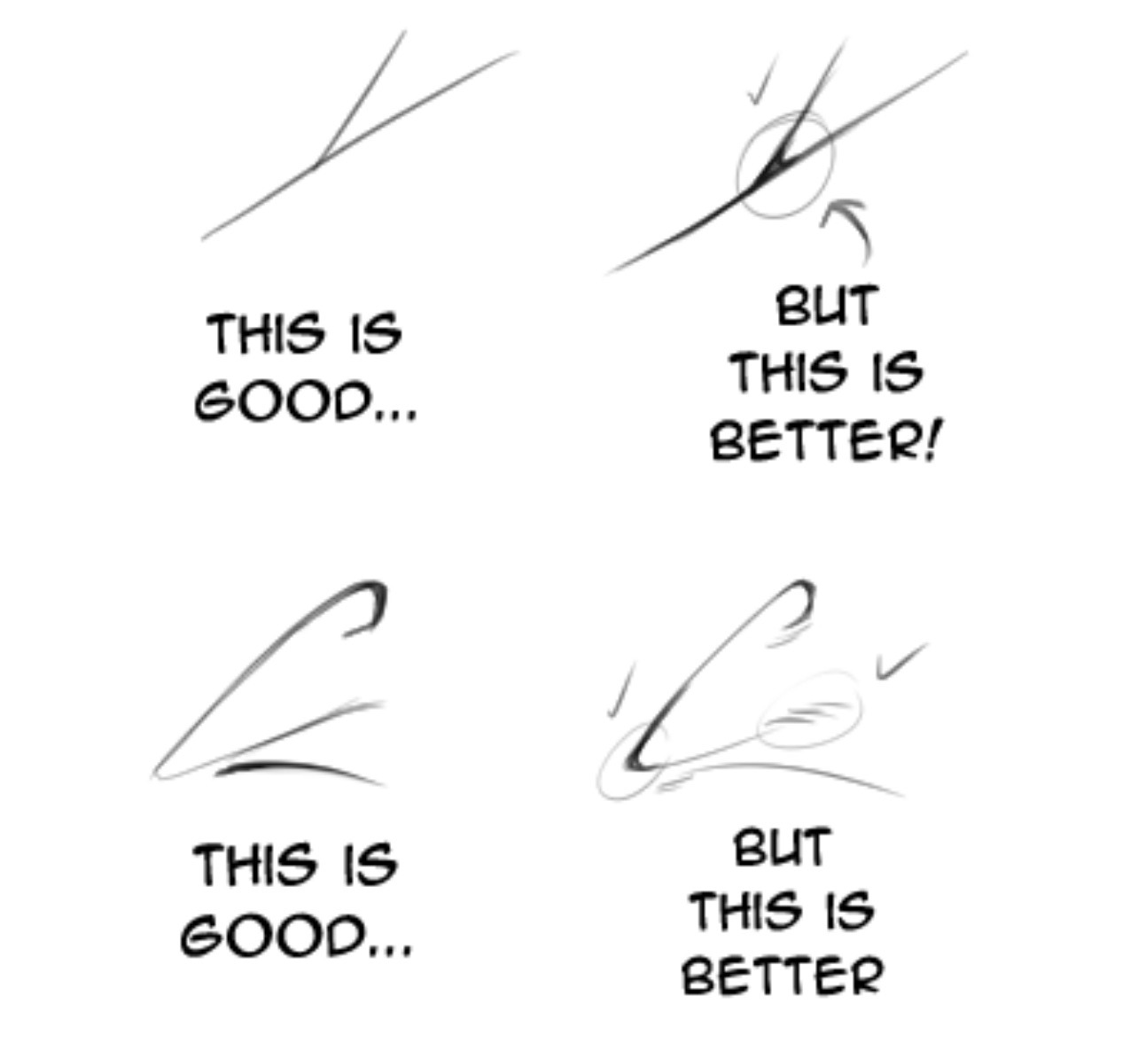 he image shows a comparison between two drawing techniques, with "good" and "better" examples. it focuses on line weight and stroke variation, emphasizing that dynamic lines with varying thickness create a more visually appealing drawing.