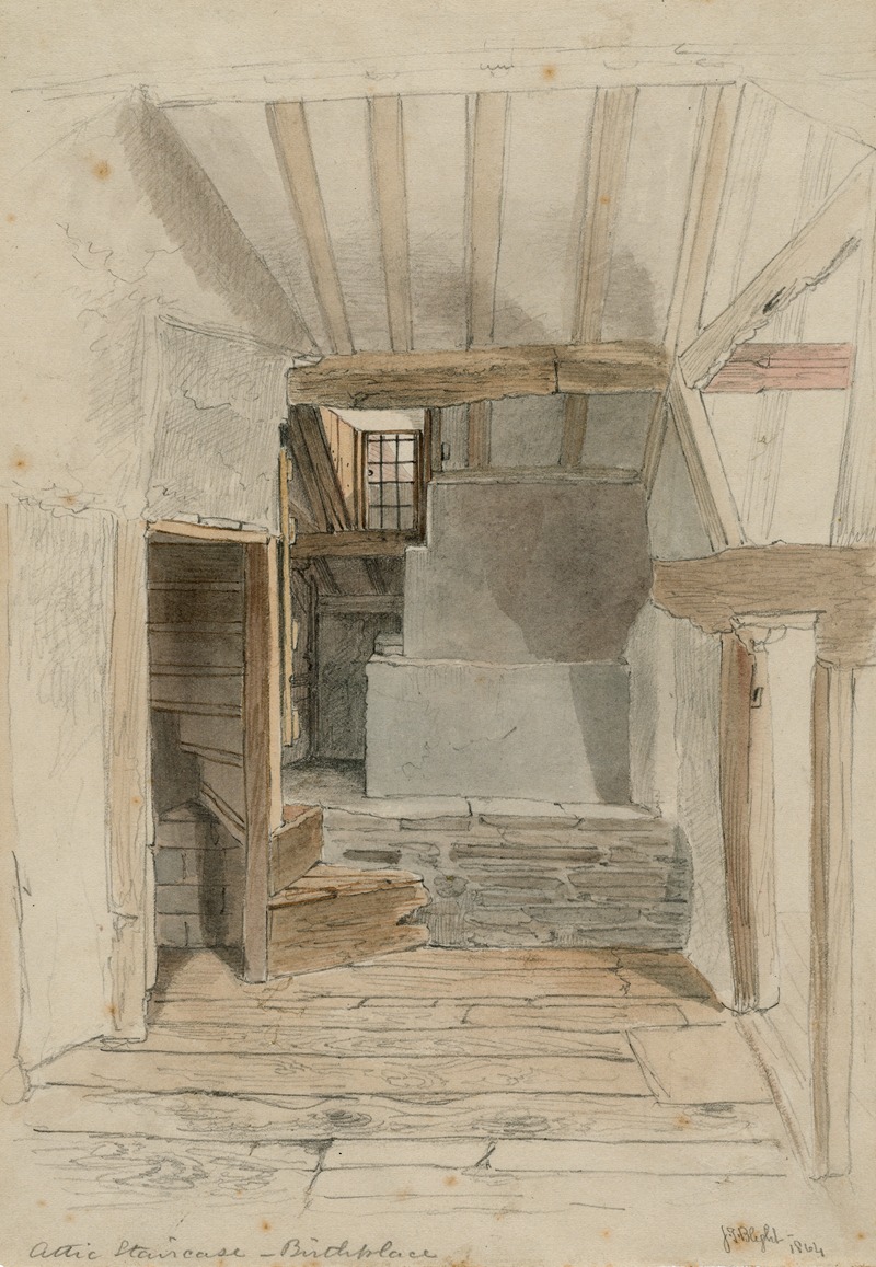 a watercolor and pencil drawing depicts an attic staircase and interior. the scene showcases a timberframed construction with visible beams and rafters. a staircase leads to an unseen upper level. a small window allows light to enter. the walls are a combination of stone and plaster. the floor is made of wooden floorboards. the drawing captures the rustic and historical ambiance of the attic space, and is labeled "attic staircase  birthplace".