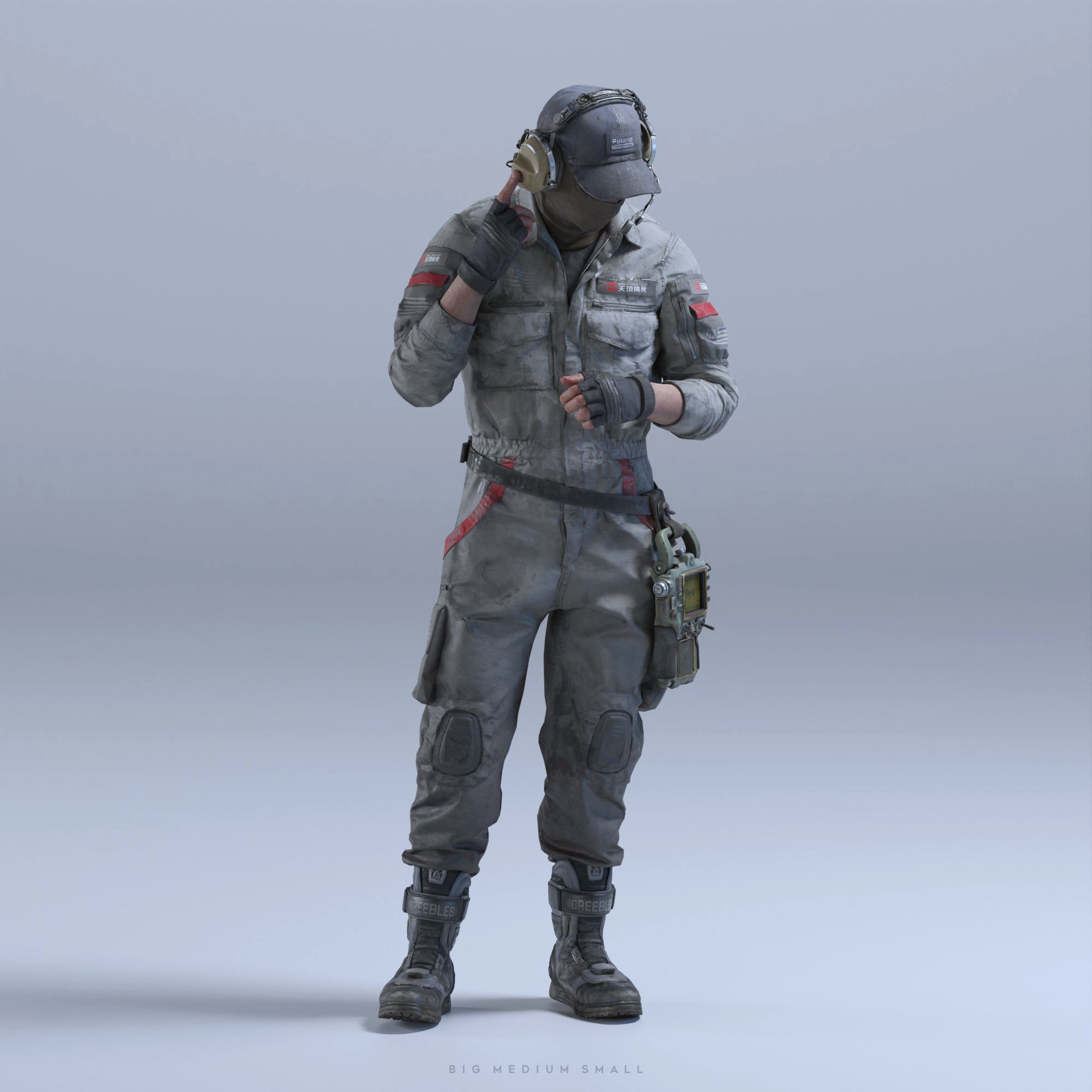 the image is a highquality 3d render depicting a futuristic or postapocalyptic soldier. the character is wearing a grey, worn jumpsuit with tactical details like kneepads and reinforced fabric.  they have a tool belt with a device attached.  their head is covered by a balaclava and a cap, and they appear to be using a headset or communication device. the overall style suggests a blend of military and utilitarian aesthetics, with a focus on realism in the rendering of the textures and materials. the background is a plain light grey, which keeps the focus on the character. the character is standing in a relaxed but alert posture. the words "big medium small" are subtly visible at the very bottom, possibly indicating size options for the model.