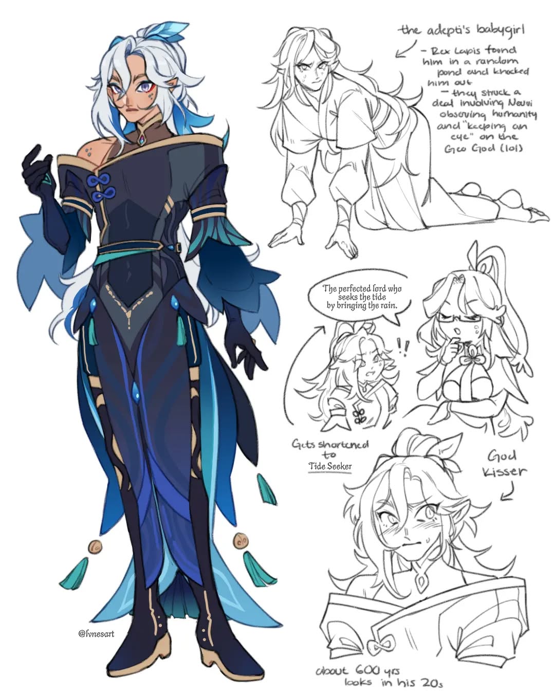 the image is a collection of digital fanart centered around an original character (oc) inspired by the genshin impact universe.  the main focus is a detailed fullbody illustration of the oc, a seemingly young, elegantly dressed individual with long white hair and blue accents in their attire.  the character's design incorporates elements suggesting their connection to the adepti, possibly implying powers related to water or the tides.surrounding the main illustration are several sketches, including a design that shows the character as a younger person, possibly representing a past form. other sketches depict different perspectives of the character and additional concept artlike sketches of related details (such as design notes and names such as 'tide seeker' and 'god kisser'.) there are also sketches of what seems to be the adepti, rex lapis, in a less polished way compared to the main illustration.  text annotations throughout the sketches provide context to the character's backstory and powers, hinting at a connection to the geo god and a deal struck between the character and the adepti. the overall style is reminiscent of anime and manga aesthetics with clean lines and vibrant colors.