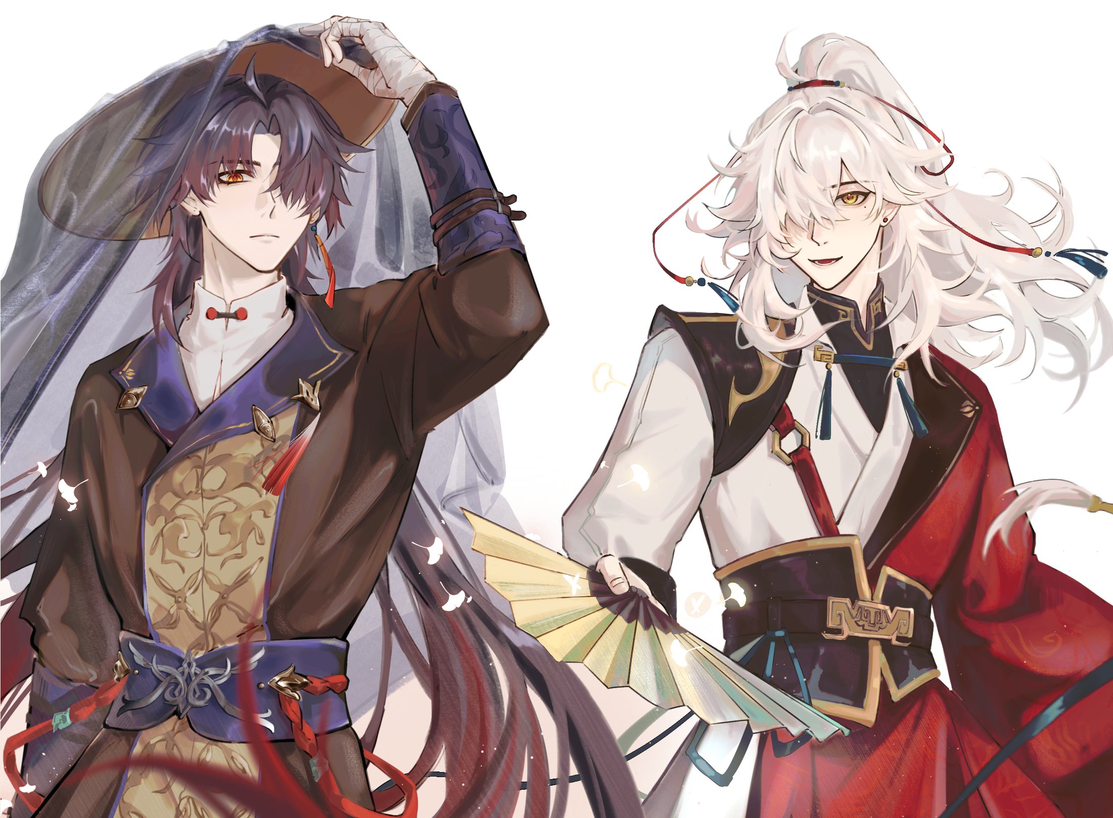 this is a digital art illustration of two anime men standing next to each other. the man on the left has black hair and is wearing a brown and gold kimono. he's looking at the camera with a neutral expression. the man on the right has white hair and is wearing a white and red kimono. he's smiling and looking at the camera. both men are holding fans. the background is a simple white.