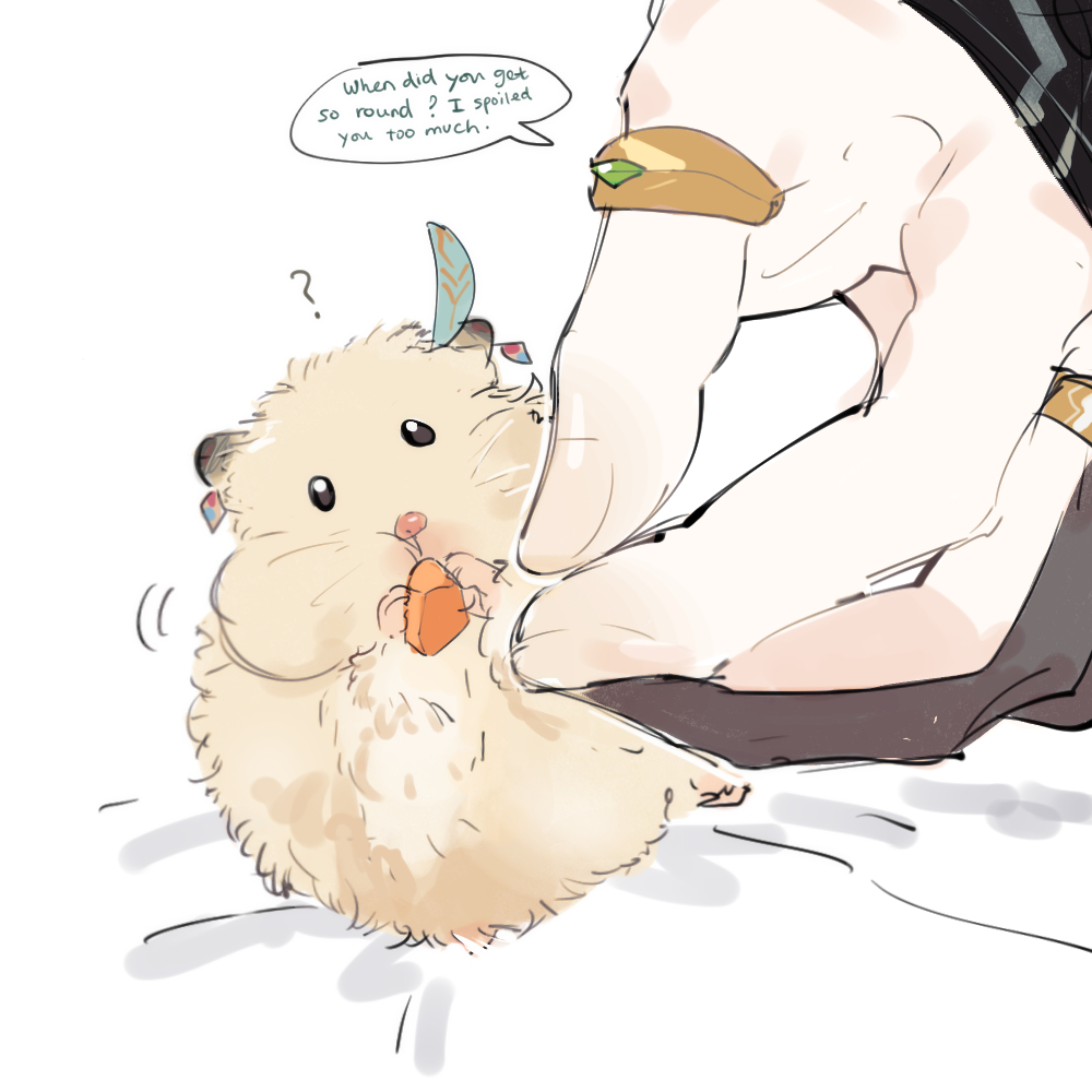 a cute hamster with orange cheeks and a tiny orange carrot in its mouth.  a person is on the top right side of the image pointing at the hamster and saying "when did you get so round? i spoiled you too much."  the background is white.