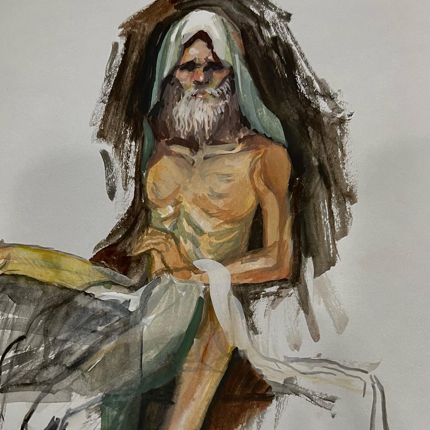 a quick sketch of an older male figure, possibly done in a life drawing class. he has a long, scraggly beard and is draped in fabric. the focus is on capturing the gesture and form of the body, using loose brushstrokes and a limited palette.