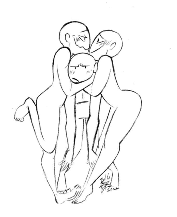 this is a black and white line drawing of three people in a close embrace. their heads are all touching and their bodies are intertwined. it's a simple and minimalist drawing that could be used as a base for a more complex illustration. the drawing is done in a loose and gestural style. the linework is thin and sketchy, giving the drawing a sense of movement and energy. the overall effect is one of intimacy and closeness.