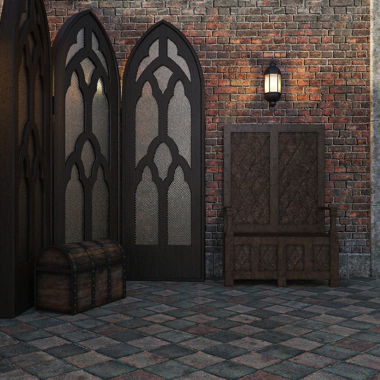 a gothic style interior scene with a brick wall, tiled floor, dark wood furniture and architectural details. there's a chest on the floor, framed windows, and a lantern on the wall. the setting has a medieval or fantasy feel.