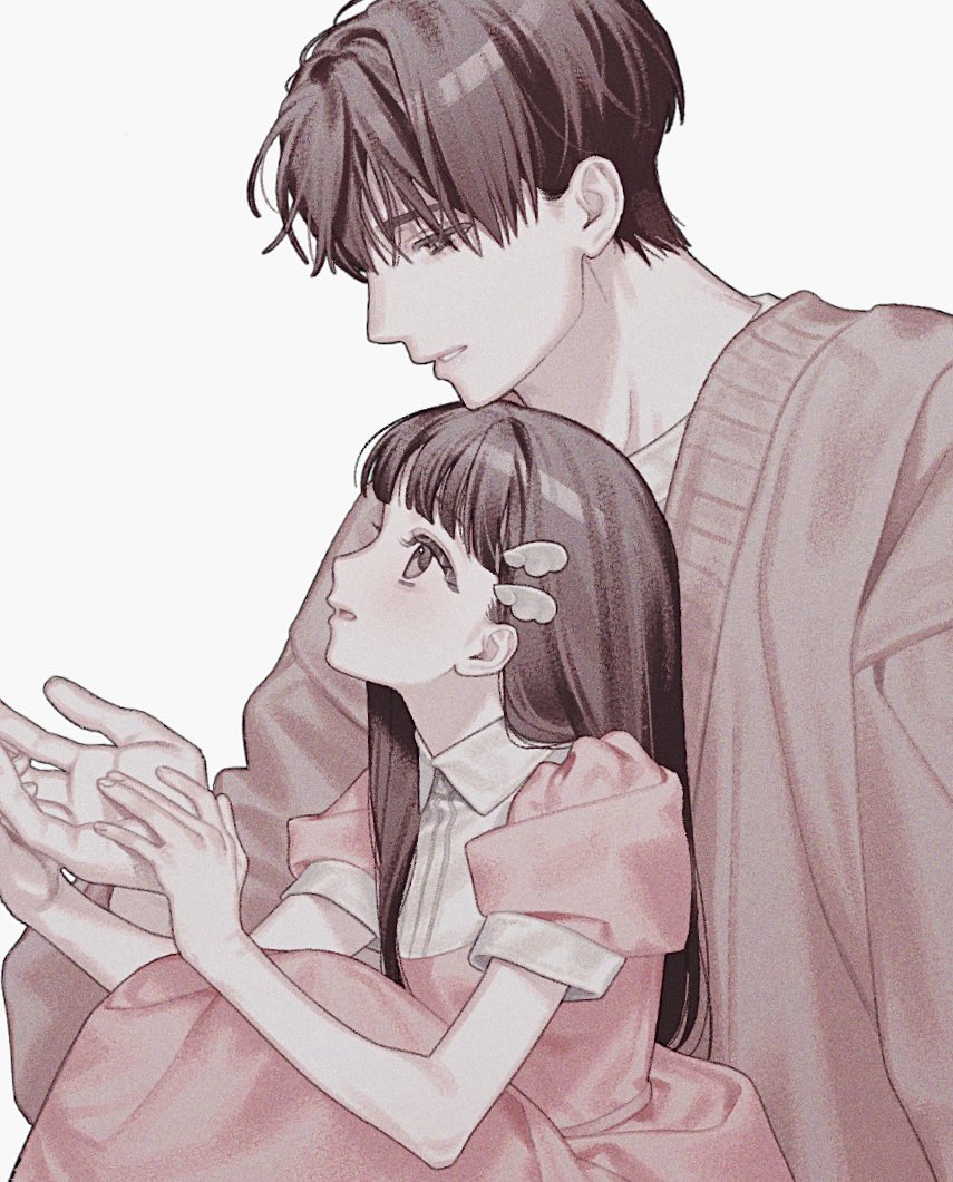the image is a digital illustration in an anime or manga style depicting a young couple.  the art style is soft and gentle, utilizing pastel pink and beige tones. the man, with dark hair and a cardigan, is embracing a younger woman with long dark hair wearing a pink dress.  their pose is intimate and affectionate; their faces are close together, suggesting a romantic connection. the overall mood is serene and tender. the detail level is high, showcasing fine lines and shading for both characters' hair and clothing.