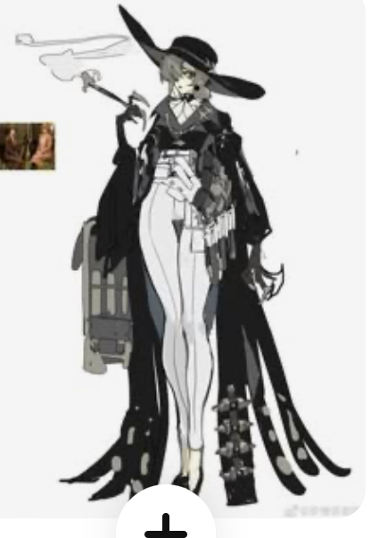 a digital illustration of an anime character, a young woman, with long black hair wearing a long black coat, white pants, and black shoes with a large hat on her head and a pipe in her hand. she is standing and smoking the pipe and she appears to be holding a weapon. the image is in a black and white color scheme.