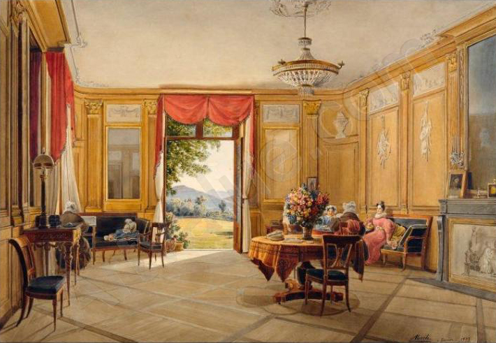 the image shows an interior scene painted in watercolor. the room is welllit, possibly a drawing room, with lightcolored wooden paneling on the walls. there is a large crystal chandelier hanging from the ceiling. several figures are present; some are seated on a couch, while others are gathered around a round table with a large flower arrangement as the centerpiece. a window and an open door reveal a landscape view outside. curtains frame the window and door. the room also contains a fireplace and various pieces of furniture like chairs and tables. the floor appears to be made of lightcolored tiles.