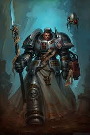 a heavily armored warrior, resembling a futuristic knight, stands amidst a dark and desolate environment. the warrior, clad in grey and silver armor,  holds a large spearlike weapon in his right hand.  a small, hovering robot with glowing red eyes floats near his shoulder. the scene is dramatically lit, possibly by artificial light, creating a sense of danger and mystery. the low angle perspective contributes to the imposing presence of the warrior.