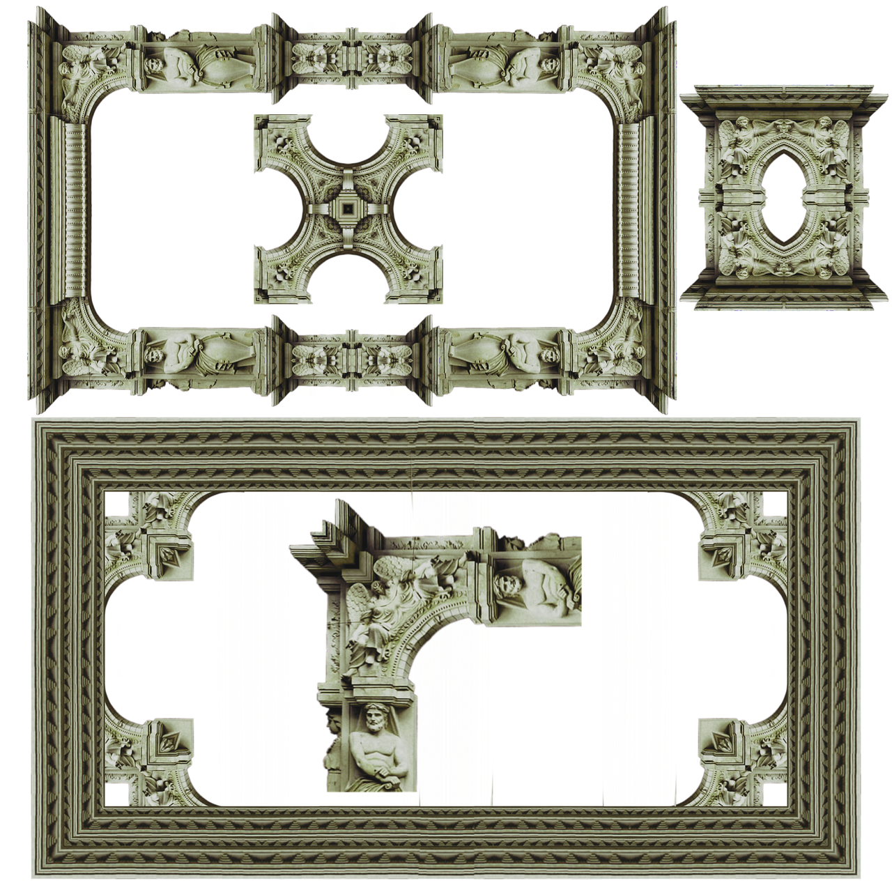 the image shows several ornate architectural details and frame components against a black background. these components feature classical sculptures, stone reliefs, and intricate carvings, suggesting a historical or artistic theme.