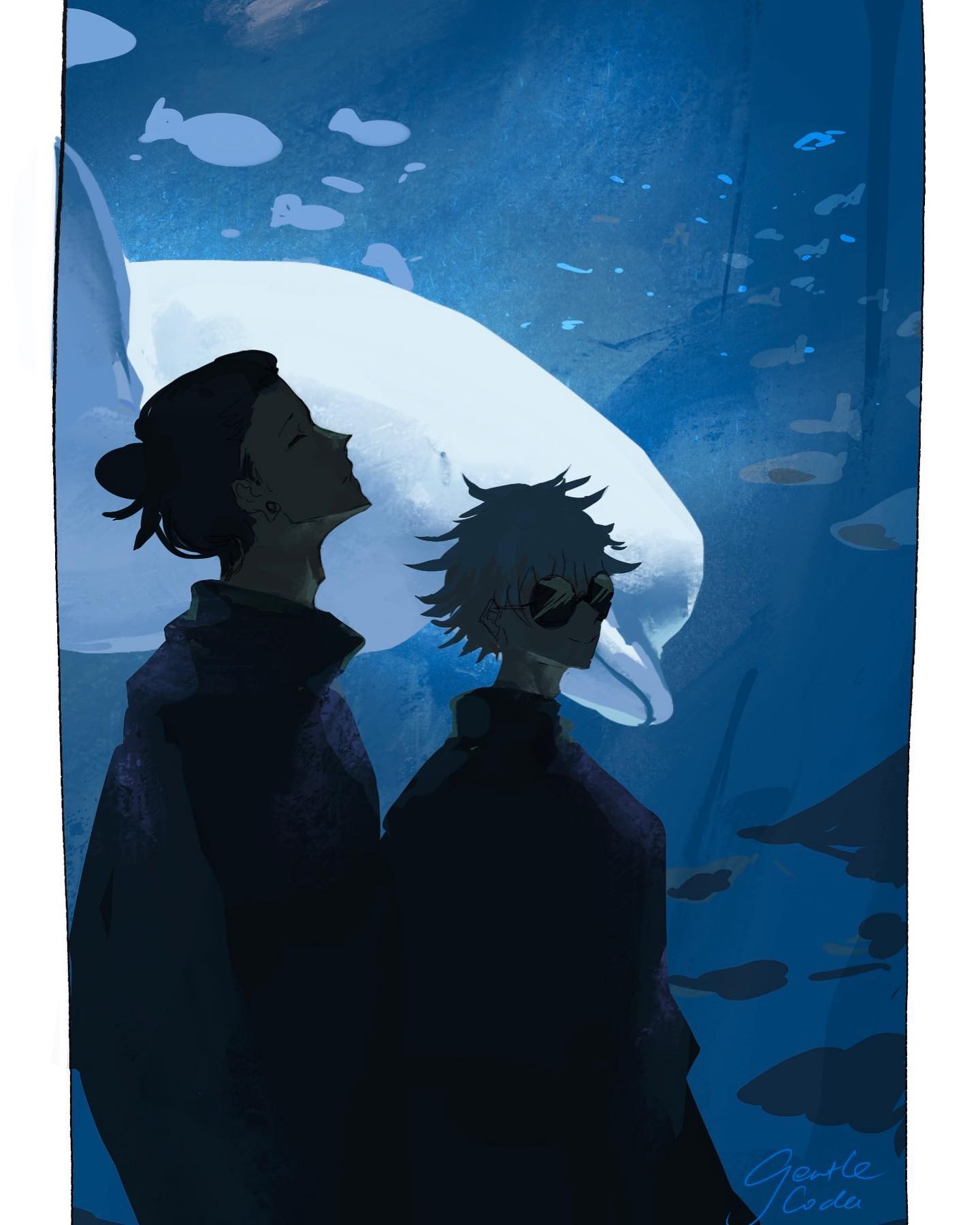 the image is a digital painting or illustration in an anime style. it depicts two silhouetted boys standing in front of a large beluga whale in an aquarium.  the background is a deep blue, showing numerous smaller fish swimming.  the overall mood is dark, atmospheric, and slightly mysterious. the boys' features are not clearly visible, but their poses and proximity suggest a close relationship. the artist's signature, "gentle code," is visible in the bottom right corner. the style is painterly, with soft brushstrokes and blending of colors. the focus is on the silhouettes against the luminescent background of the aquarium.