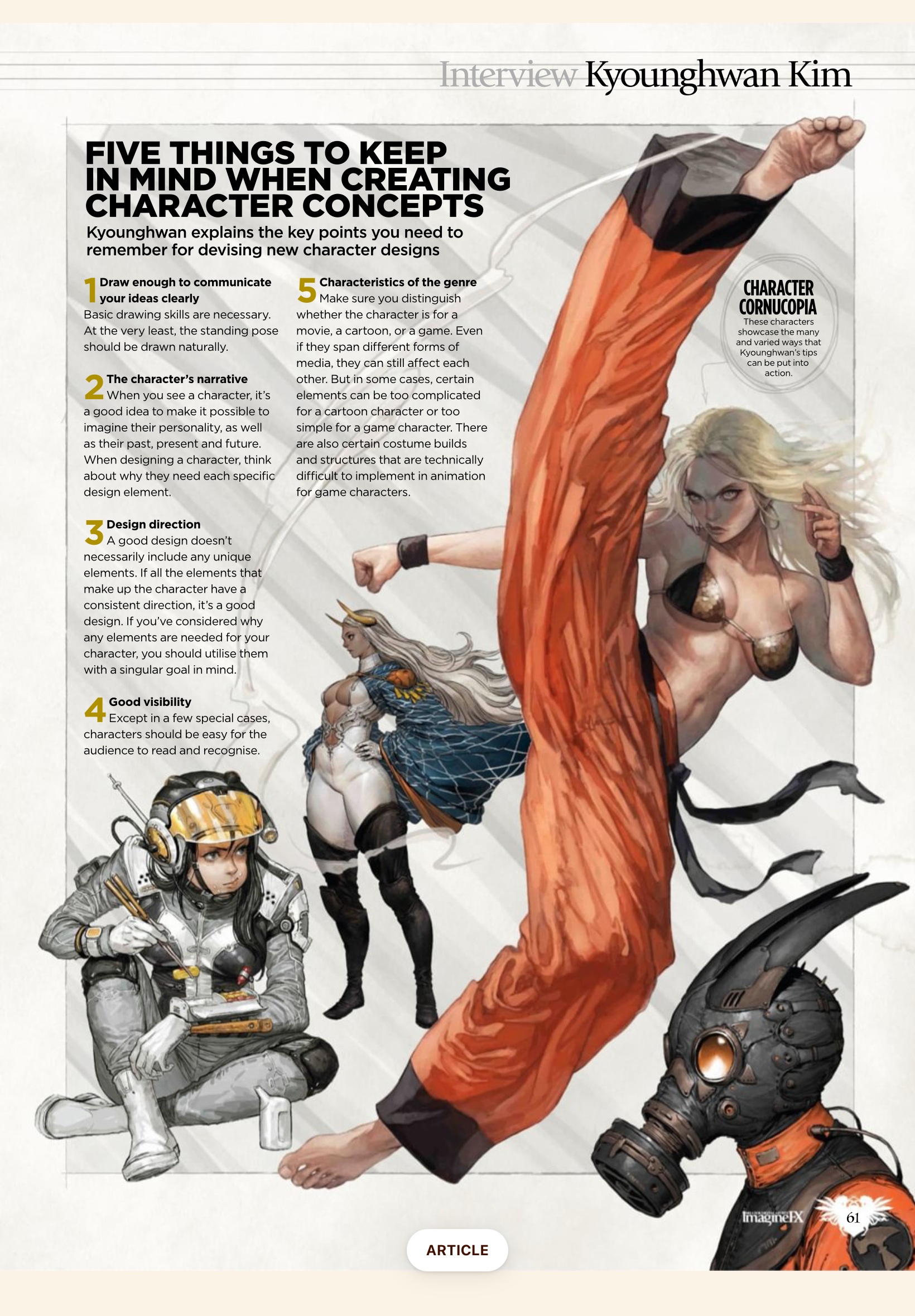 the image shows a comic book style illustration of the 5 main points to keep in mind when creating character concepts, with illustrations by kyounghwan kim. it is presented as a spread from a magazine or website.