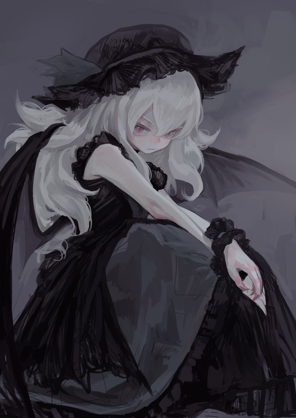 a pale anime girl with white hair and pink eyes is depicted in a gothic setting. she wears a dark dress with ruffles and long sleeves and a black hat. she has black wings and a cape. she is sitting, looking sad.