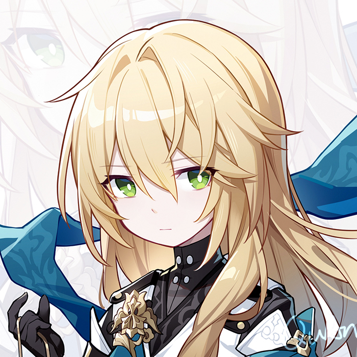 this is a portrait of an anime girl with long blonde hair and green eyes. she is wearing a white and black outfit with a blue ribbon and has a serious expression on her face. she looks like a character from a video game or anime.