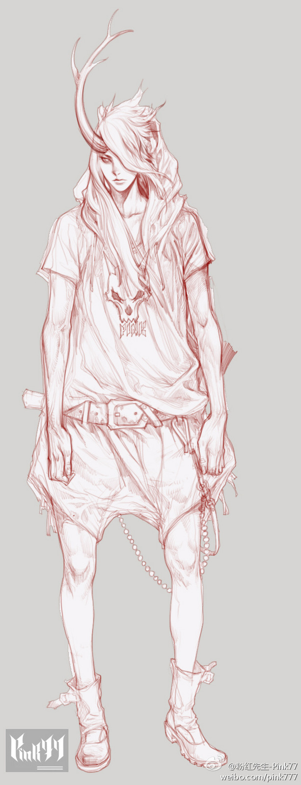 a fullbody sketch of a young man with antlers. he's dressed in stylized streetwear: a loose tshirt, baggy shorts with hanging drawstrings, a thick buckled belt, and chunky boots. he carries a small bag on a chain.  the style is reminiscent of fashion illustration with an emphasis on line and form. the image is rendered in a monochromatic palette of warm browns.