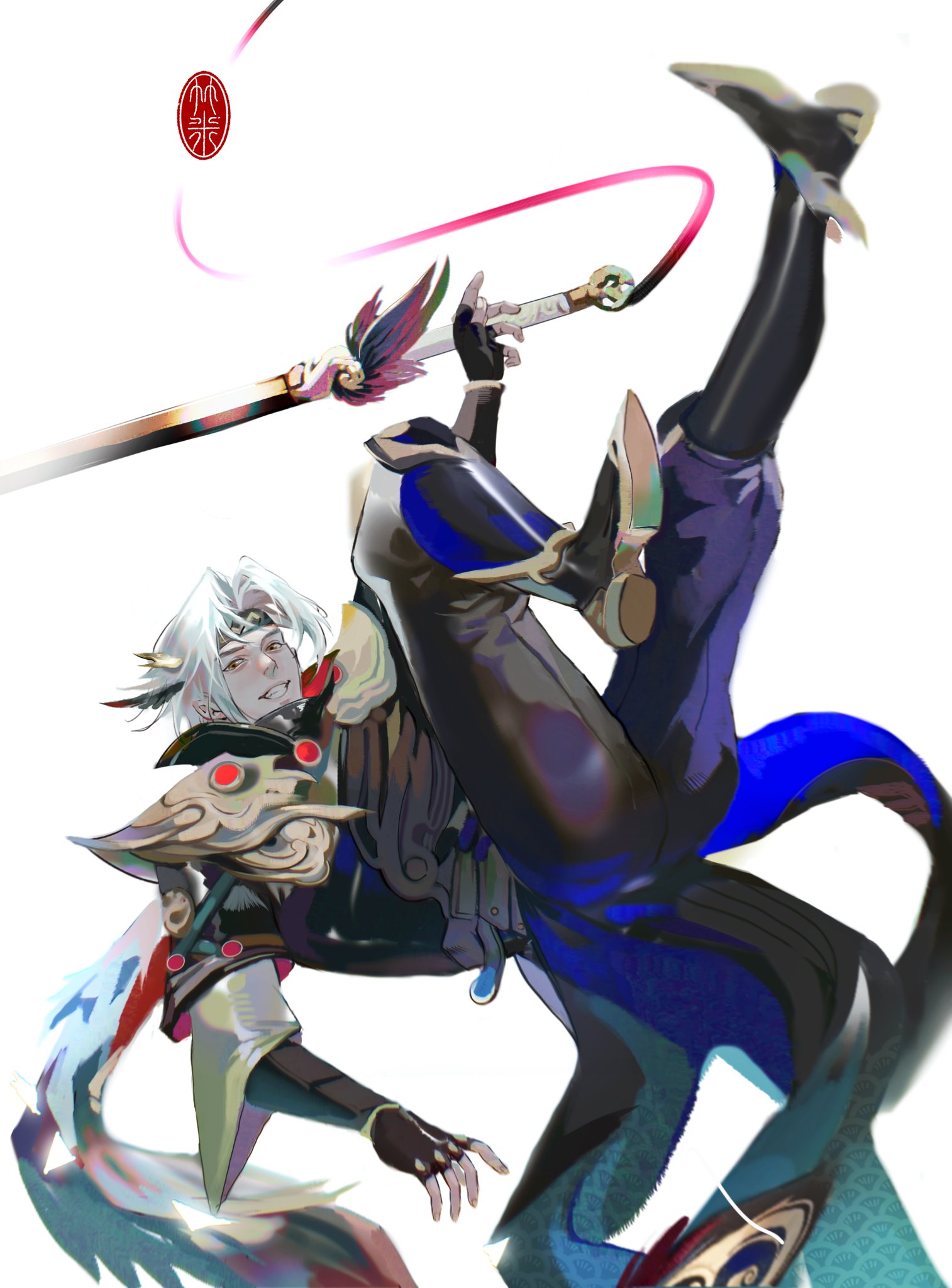 the illustration is a dynamic, actionpacked depiction of a male anime character, dressed in elaborate, colorful armor and wielding a sword. he is in midair, his body contorted in a dynamic fighting pose, suggesting a powerful and skilled warrior. the artwork is rich in detail and color, with flowing lines, vibrant hues, and dynamic lighting. the white background provides a clean canvas for the character and their action to stand out. the overall impression is one of energy and excitement, capturing the essence of an anime battle scene.