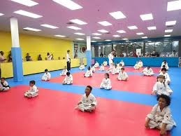 this image shows a karate class taking place in a dojo. there are children of all ages in white uniforms, wearing belts of various colors, practicing their moves.  there are adults watching from the sidelines, and a few more sitting on the mat. the room has bright lighting, with yellow walls and blue mats on the floor.