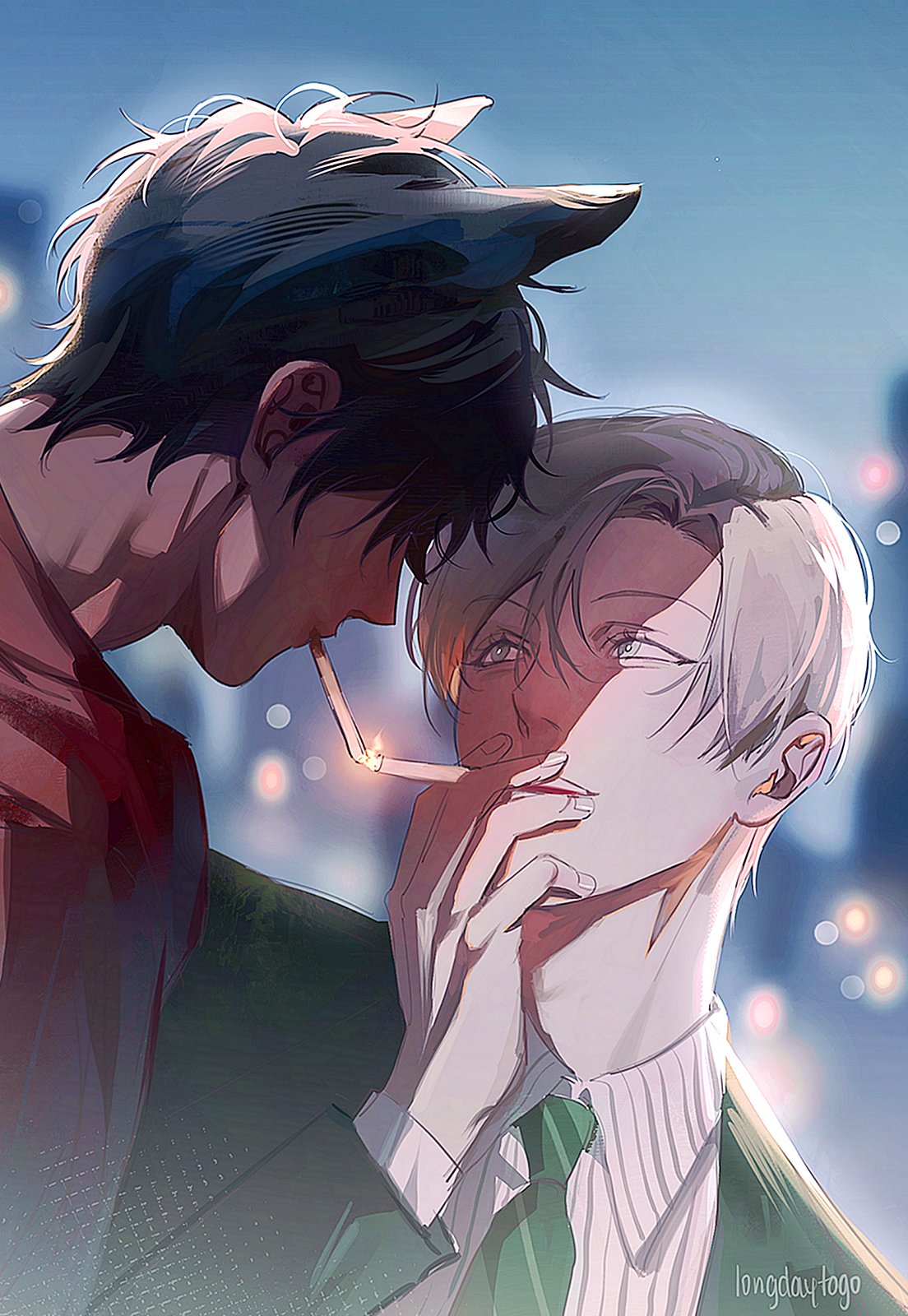 the image is a digital artwork in the style of anime or manga, depicting a romantic scene between two young men. the man in the foreground has blond hair styled neatly, wearing a collared shirt and a green tie, his expression is soft and slightly closedeyed. he is gently holding the other man's hand to his face. the second man is behind him, his dark hair styled in a more messy way with what seems to be wolf ears visible atop his head, wearing a red collared shirt. this man appears to be holding a lit cigarette. they are very close to each other, suggesting a romantic or intimate relationship. the background is a blurry but visible cityscape at night with soft, ambient lighting. the overall mood is romantic and intimate, with a slightly melancholic feel due to the nighttime setting and the smoking. the artist's signature, "longdaytogo," is visible in the bottom right corner.