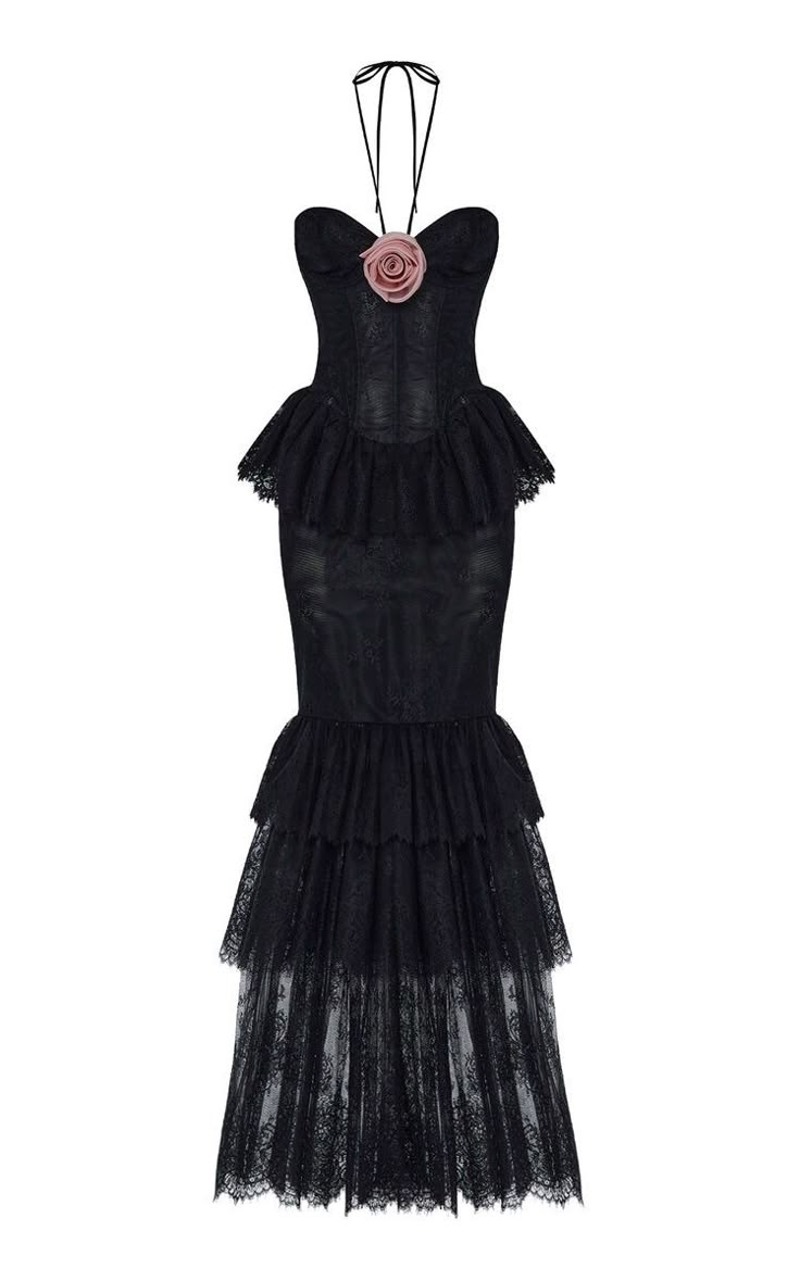 a black lace dress with a corset bodice and halter neck strap is displayed against a white background. the dress features a decorative rose on the bodice and is tiered with ruffles. the lace is detailed, and the dress appears to be formal wear.