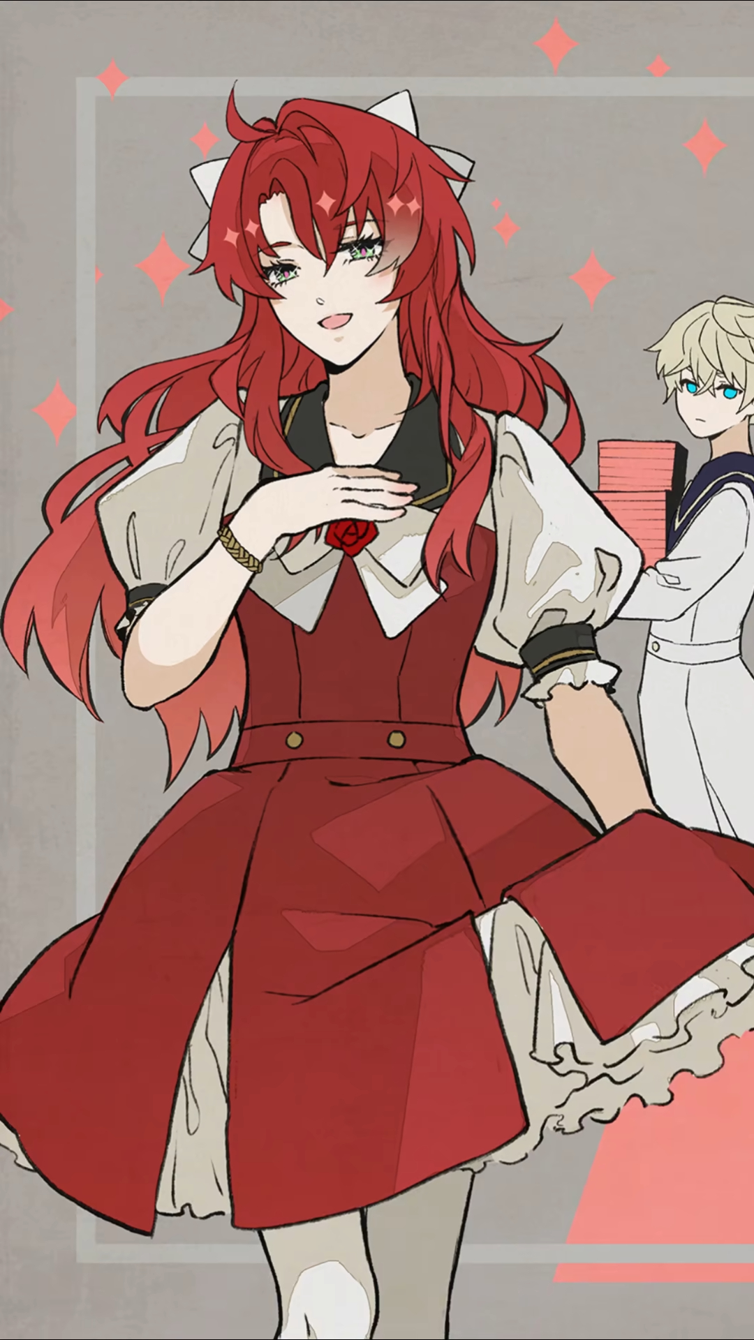 the image is a digital drawing of two animestyle characters. the main focus is on a girl with long, bright red hair wearing a red dress with white details. she's smiling and holding her hands near her chest.  a second character, a boy with blonde hair, is partially visible in the background wearing a white coat and sailor collar. he appears to be holding or near a stack of cards. the background is a muted gray with pink geometric shapes and sparkles. the style is cute and somewhat whimsical.