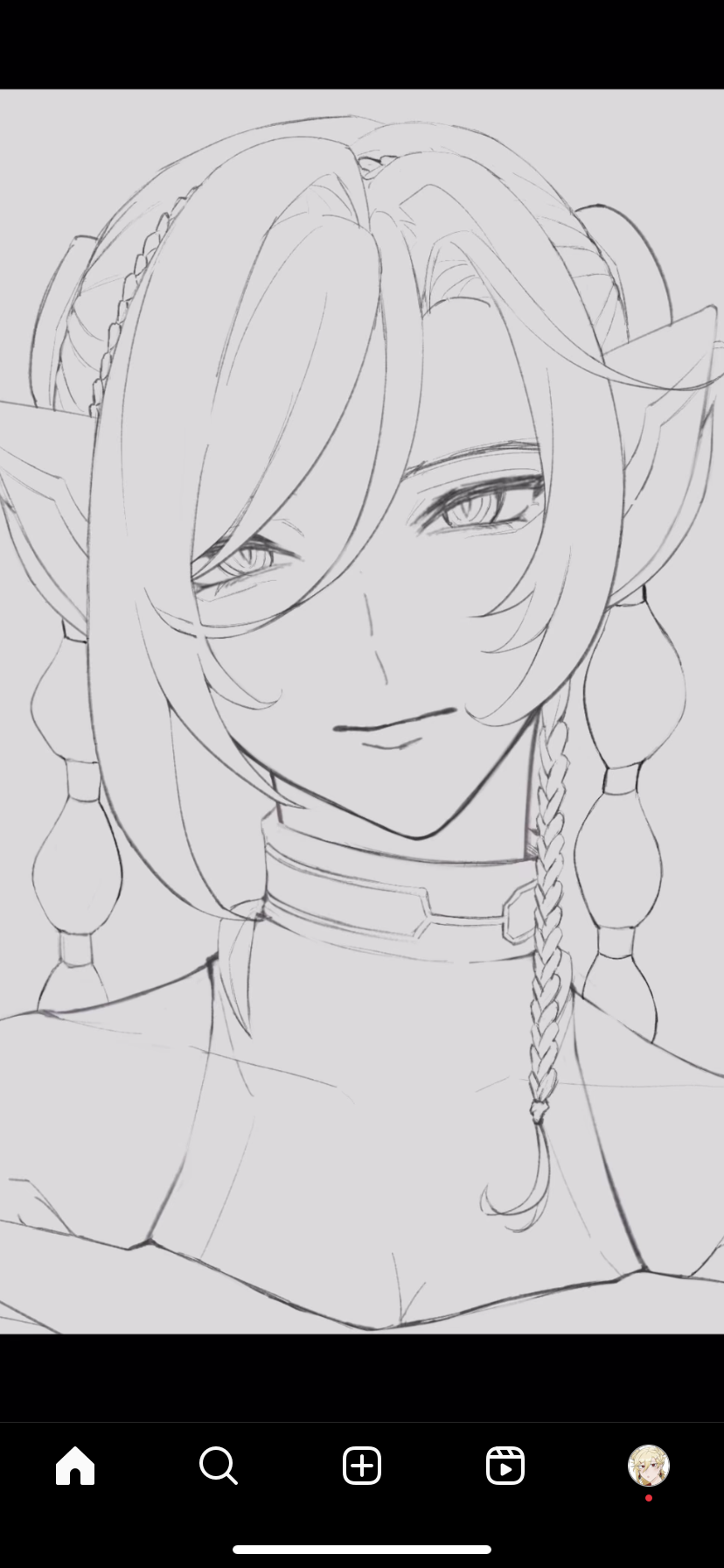 this is a sketch of an anime girl. she has long, flowing hair that's styled in braids and parted to the side. she has large eyes,  a smile, and her expression is cute and innocent. she looks like a manga character. her hair is tied with beads and she has a high collar.