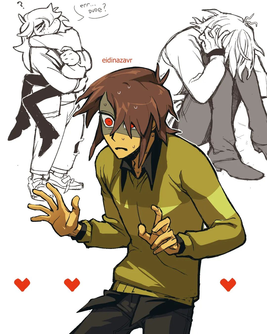 the image is a digital drawing or fanart featuring characters reminiscent of the undertale universe.  the main focus is a character in a yellowgreen sweater, who appears nervous or anxious, shown by their facial expression and body language (hands clasped, sweating).  in the background are two other sketches. one appears to be a depiction of sans and papyrus in a hug, and another is of a character slumped over, seemingly distressed.  the style is dynamic and expressive, combining elements of anime, manga, and a unique artistic flair. red hearts are scattered around the main character, possibly suggesting affection or emotional intensity. the artist's signature "eidinazavr" is visible.
