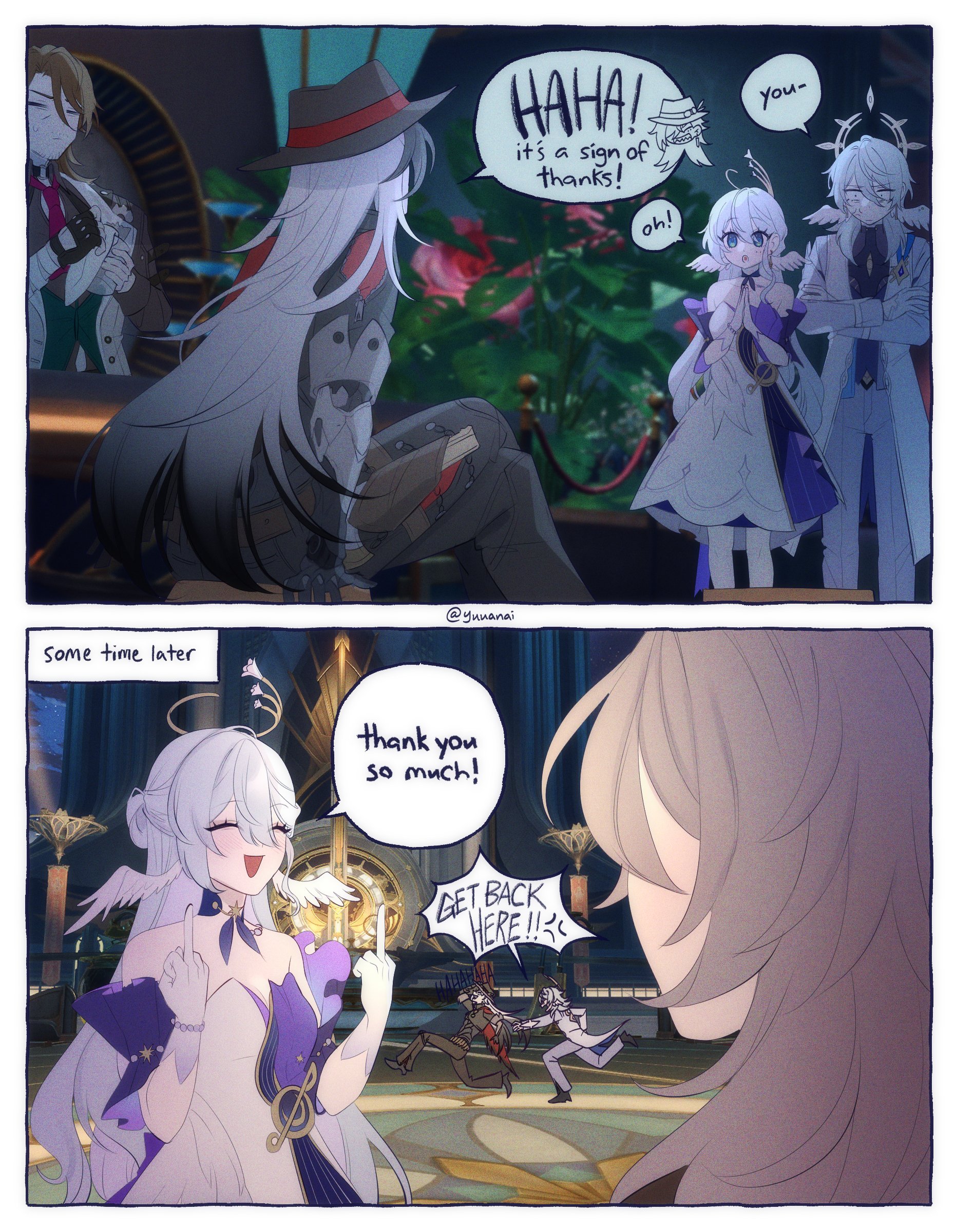 the image shows a scene from an anime or manga. the first panel shows a girl with long silver hair, she is dressed in a black jacket and trousers. the background is a fancy and modern interior, with plants and furniture. there are three other characters in the panel, a guy in a brown suit and a girl in a white dress with a crown. the second panel shows a different girl with white and purple dress and she's looking at another girl with long silver hair. the background of the panel is a hall with a chandelier.