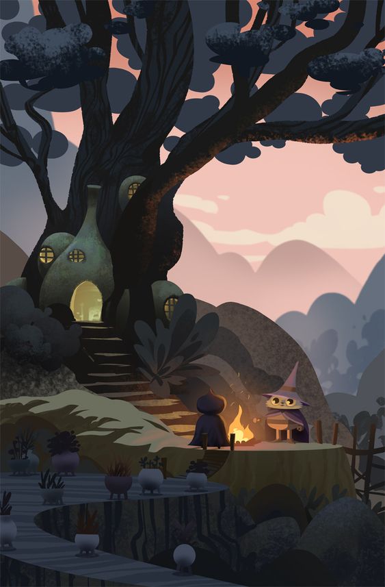 this whimsical illustration depicts a cozy treehouse nestled in the crook of a large tree, illuminated by the warm glow of sunset.  a wizard with a pointed hat and cape stands near a crackling fire, addressing a group of small, round villagers gathered on a path leading up to the treehouse.  the path winds through a lush forest and down towards a fence, with misty mountains visible in the background.