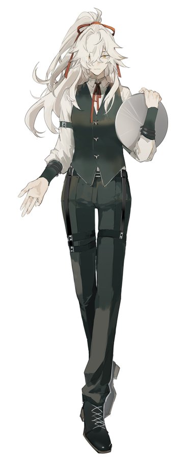 this is an illustration of an anime character. he is a young man with long white hair and red ribbons tied around his hair. he is wearing a white shirt, black vest, and black pants with black straps. he is holding a silver disc.