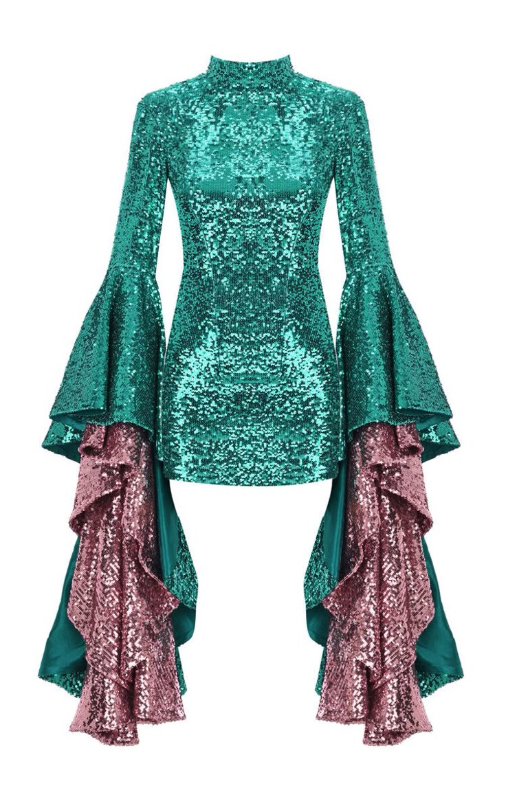a turquoise sequin mini dress with long bell sleeves, decorated with ruffled pink sequins, set against a white background.