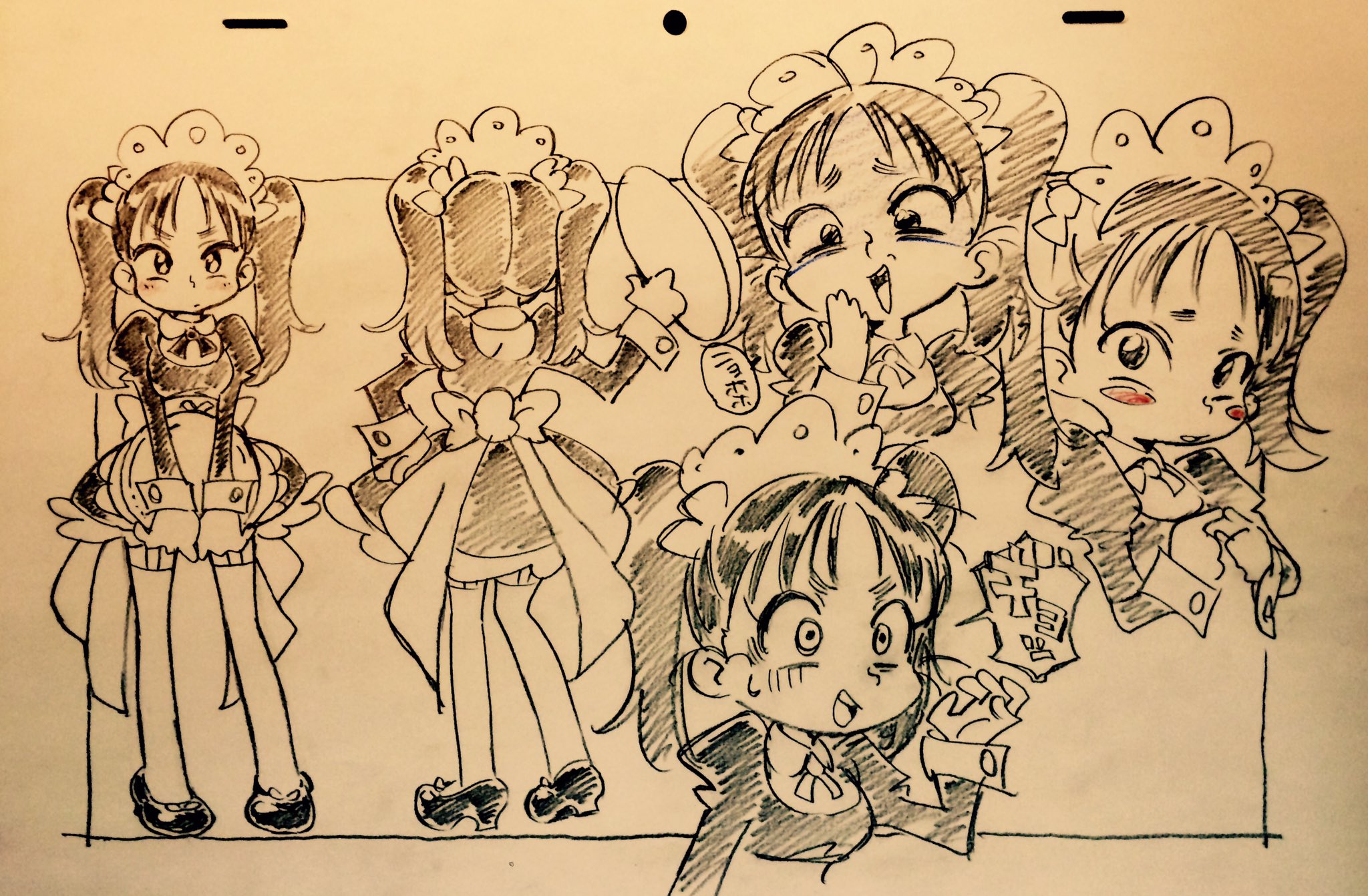 the image is a series of sketches of the same anime girl dressed in a maid outfit.  she is shown in different poses and with a variety of exaggerated expressions, conveying a range of emotions. the sketches are done in pencil on paper and have a rough, unfinished look.