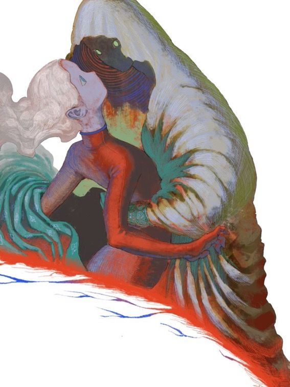 this is a digital painting with a colorful and abstract style depicting a woman being embraced by a mysterious figure. the woman has long white hair and is wearing a red outfit with the