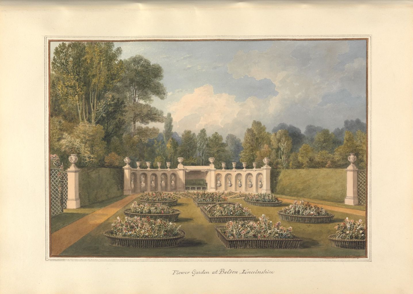 a watercolor illustration of a flower garden at belton lincolnshire. the image depicts a formal garden layout with flower beds arranged in square planters, pathways, and a backdrop of trees and a cloudy sky. a garden wall with statues and urns adds architectural interest. hedges and a lawn complete the scene.
