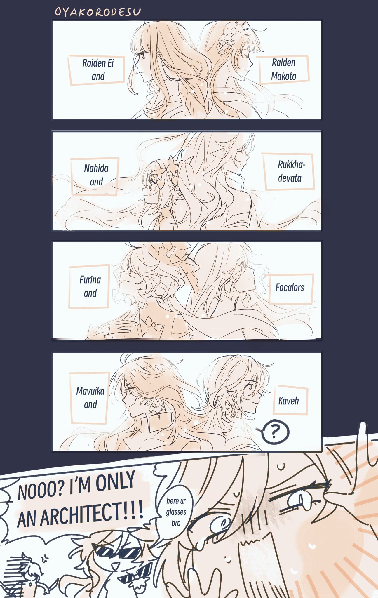 this image is a comic strip from the popular anime and video game genshin impact. it features several of the game's female characters, including raiden ei, nahida, furina, mavuika, rukkhadevata, and focalors. the comic strip is set up in a fatherdaughter style, with the characters being paired off as if they were related. the characters are all shown in a loving and affectionate manner, and the comic strip is intended to be humorous and lighthearted.