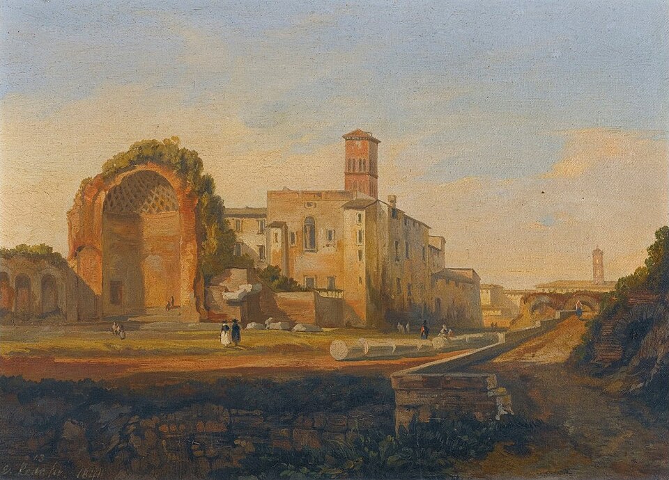 this is a painting of a landscape featuring roman ruins and architecture. the scene includes a large archway, a tower, and other buildings in varying states of ruin. people are depicted walking in the grassy area near the ruins. a bridge is visible in the background, and the sky is a light blue with some clouds. the painting style is reminiscent of 19thcentury landscape art.
