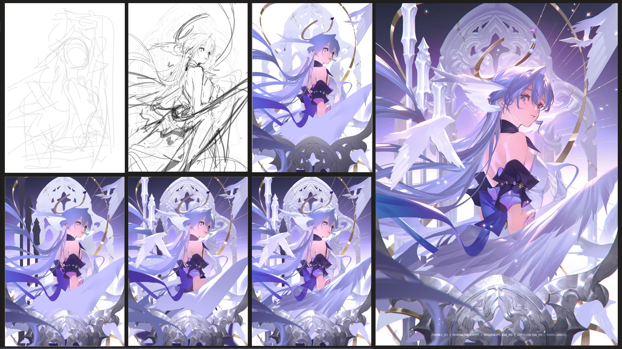 this image shows a stepbystep process of creating a digital painting of an animestyle angel girl.  the process begins with a rough sketch and progresses through line art, color blocking, and finally, detailed rendering with shading and highlights. the final image depicts a beautiful girl with long blue hair, angel wings, and a flowing white dress seated on an ornate throne. the overall style is ethereal and magical.  the various stages showcase the artist's skill in building up the image from a simple sketch to a fully realized piece of digital art.