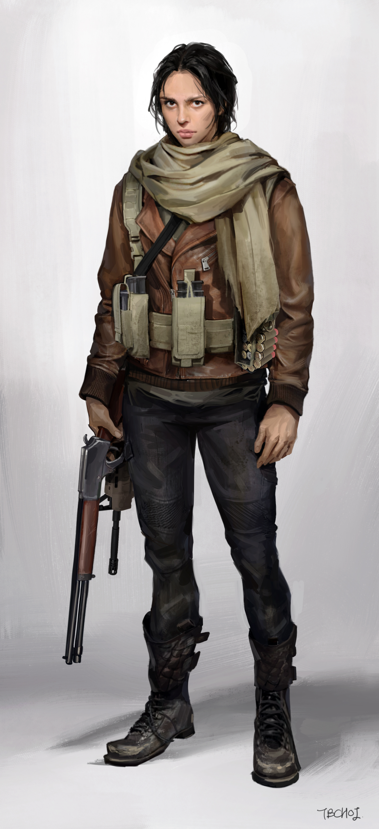 the image is a digital painting or concept art depicting a female soldier or survivor in a postapocalyptic or wartorn setting. she's dressed in rugged clothing, including a brown leather jacket, dark jeans, sturdy boots, and a beige scarf.  she carries a long rifle or shotgun, and is equipped with a tactical vest containing several ammunition pouches. her expression is serious and determined. the overall style suggests a gritty, realistic approach to character design. the background is a simple, neutral gray, focusing attention on the character herself.